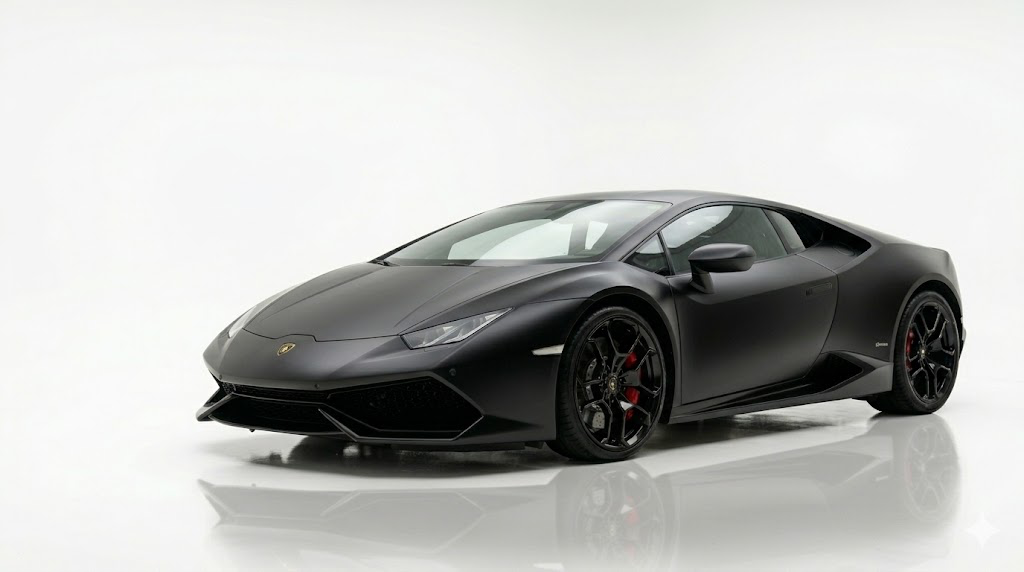Matte black Lamborghini Huracán in a clean studio setting